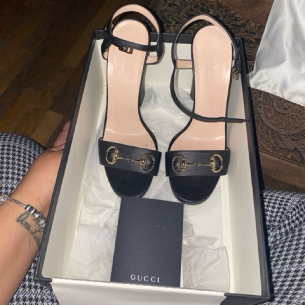 Gucci Black Heeled Sandals with Gold Accents